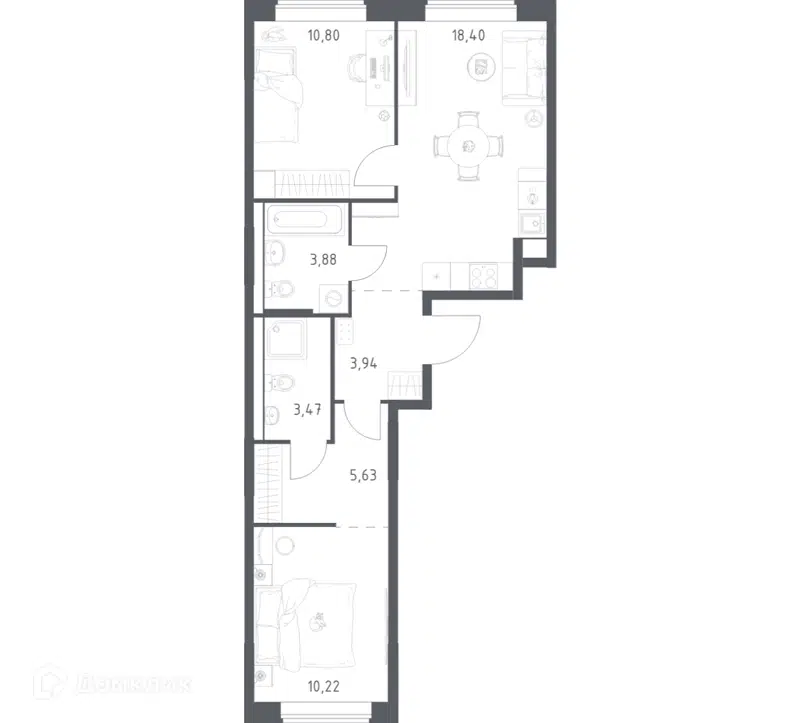 2-комнатная квартира 56.34 м² Большое Юрлово