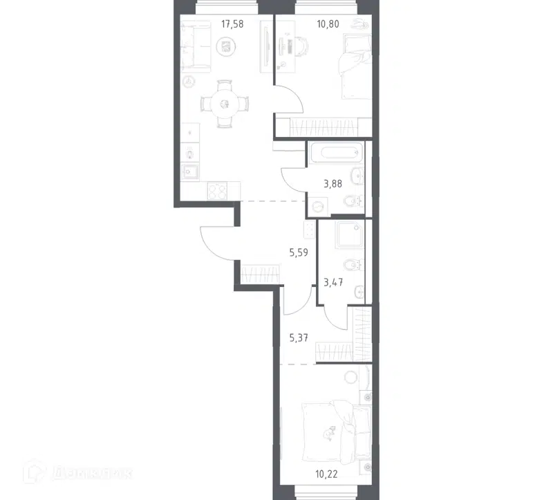 2-комнатная квартира 56.91 м² Большое Юрлово