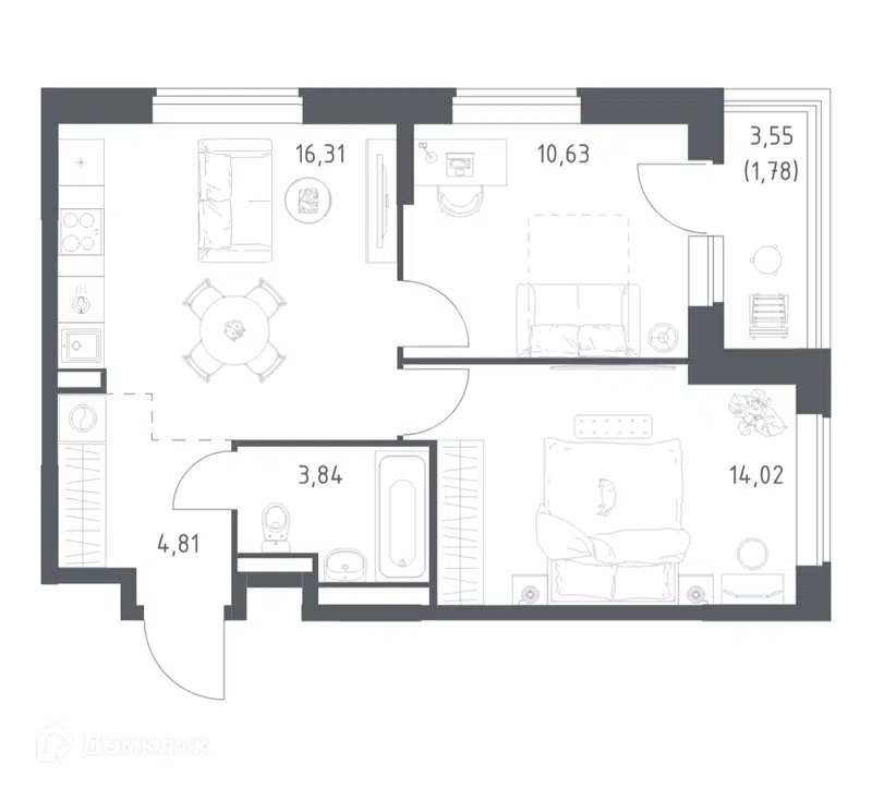 2-комнатная квартира 51.39 м² Большое Юрлово