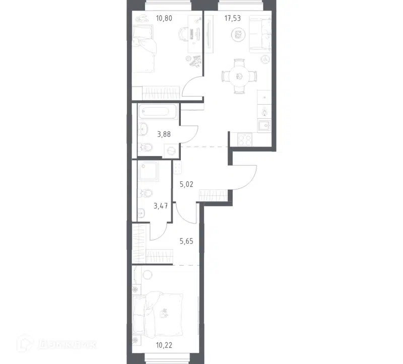 2-комнатная квартира 56.57 м² Большое Юрлово