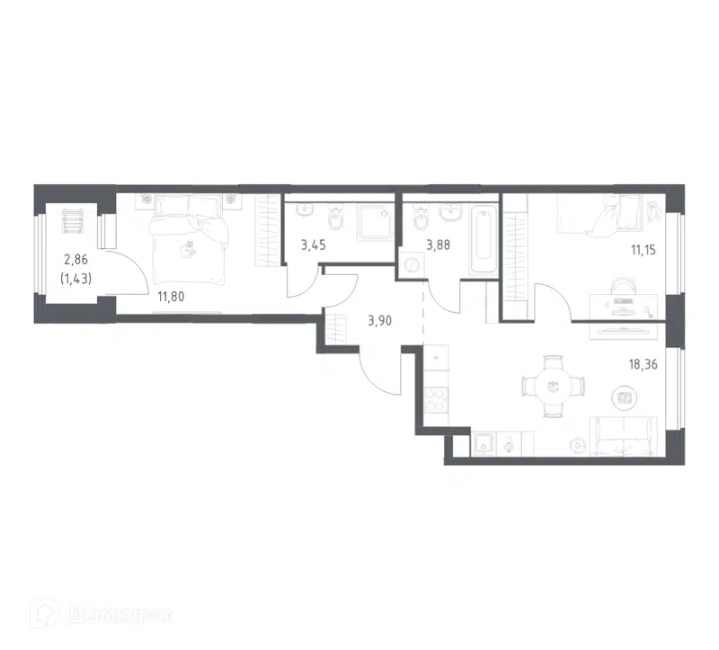 2-комнатная квартира 53.97 м² Большое Юрлово