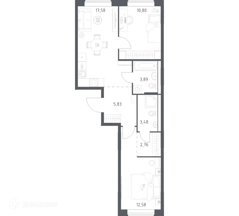 2-комнатная квартира 56.92 м² Большое Юрлово
