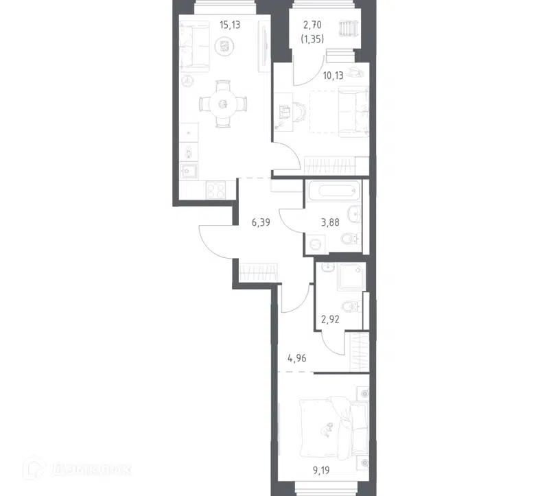 2-комнатная квартира 53.95 м² Большое Юрлово