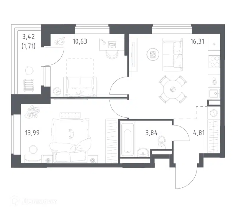 2-комнатная квартира 51.29 м² Большое Юрлово