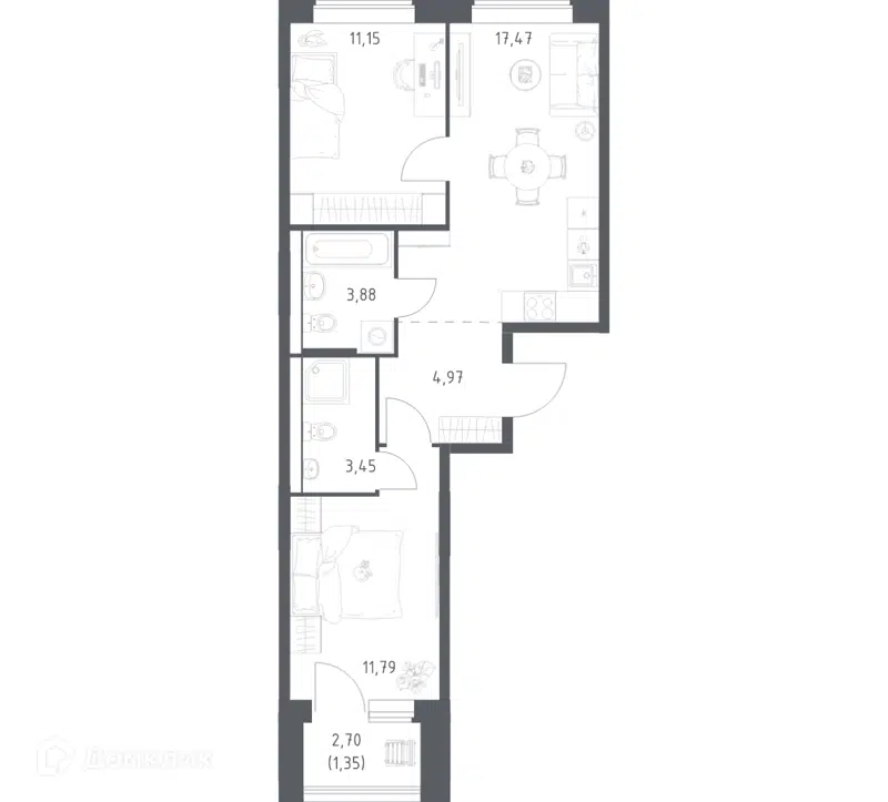 2-комнатная квартира 54.06 м² Большое Юрлово