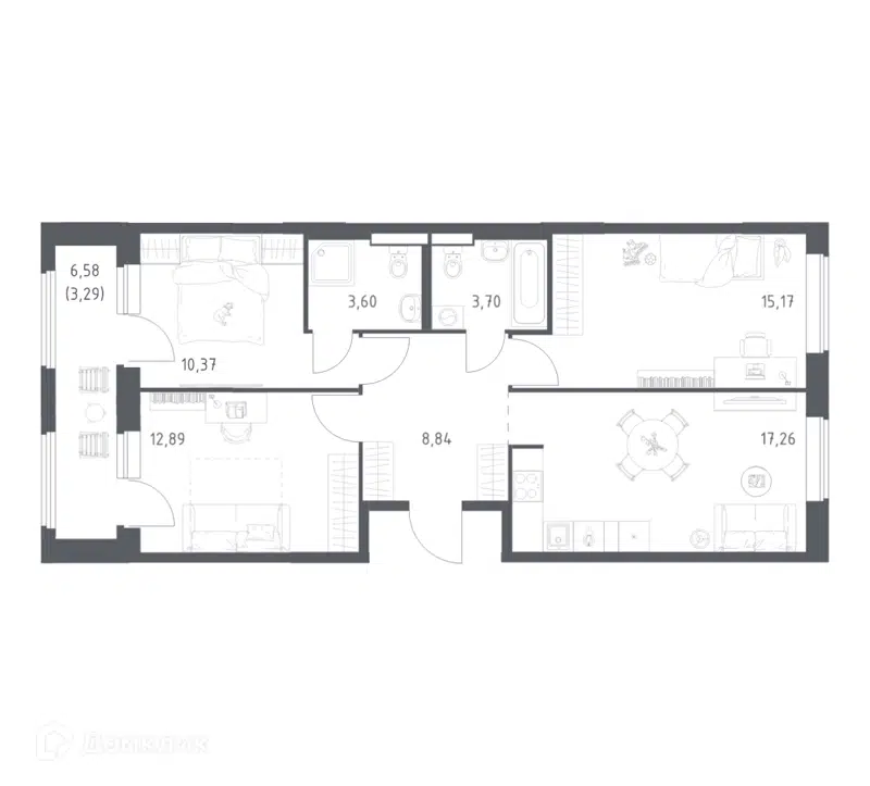 3-комнатная квартира 75.12 м² Большое Юрлово