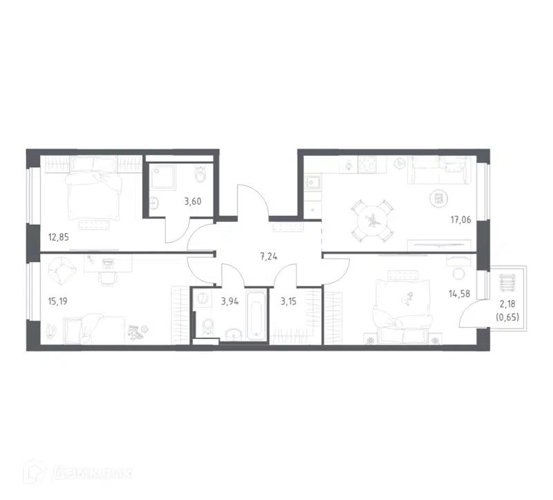 3-комнатная квартира 78.26 м² Большое Юрлово