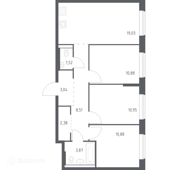 3-комнатная квартира 70.61 м² Большое Юрлово