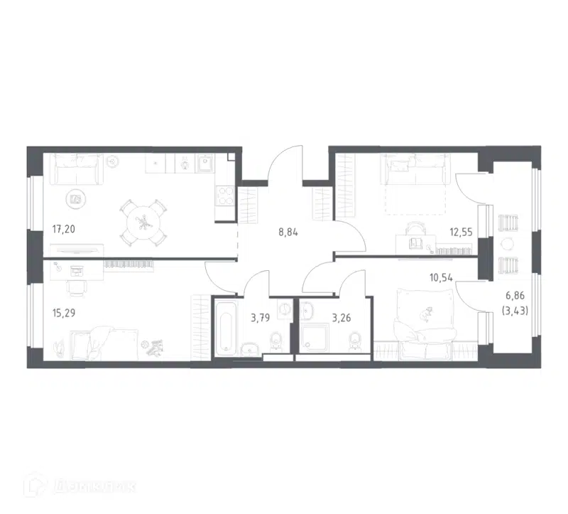 3-комнатная квартира 74.9 м² Большое Юрлово