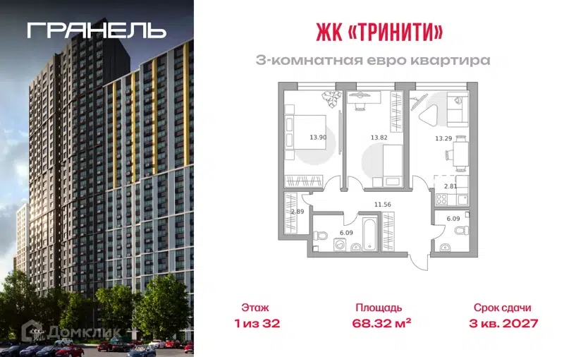 3-комнатная квартира 68.32 м² Тринити
