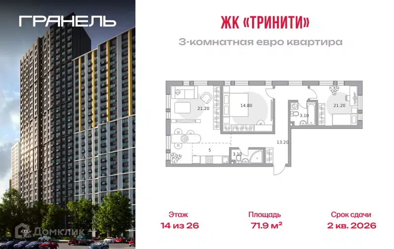 3-комнатная квартира 71.9 м² Тринити