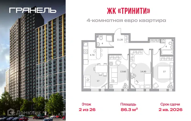 4-комнатная квартира 86.3 м² Тринити
