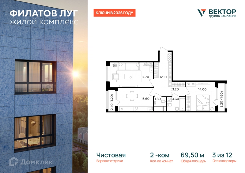 2-комнатная квартира 69.5 м² Филатов Луг