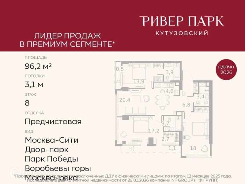 3-комнатная квартира 96.2 м² Ривер Парк Кутузовский
