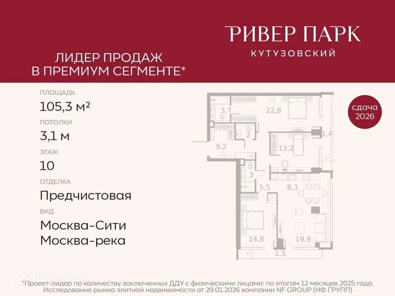 3-комнатная квартира 105.3 м² Ривер Парк Кутузовский