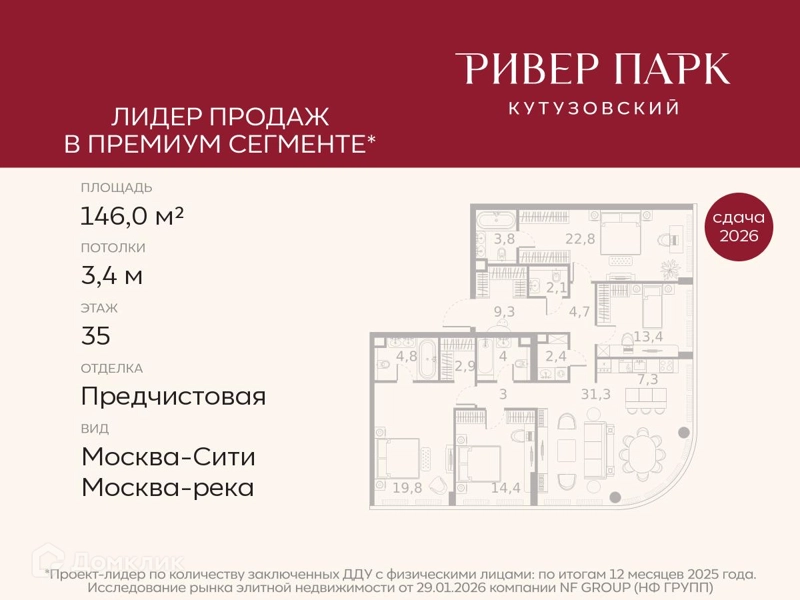 4-комнатная квартира 146 м² Ривер Парк Кутузовский