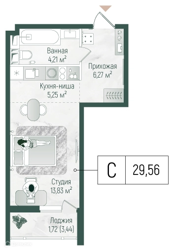 Студия 31.28 м² Рига Хиллс