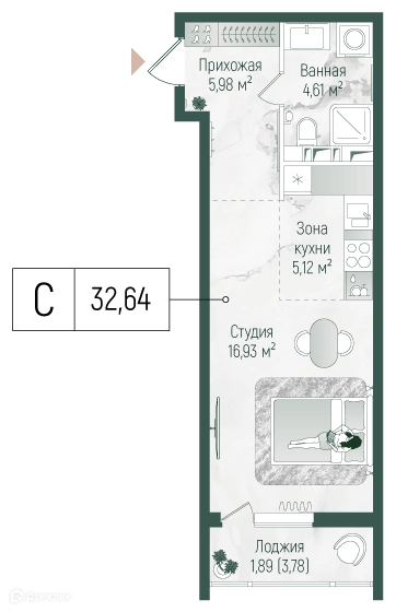 Студия 34.53 м² Рига Хиллс