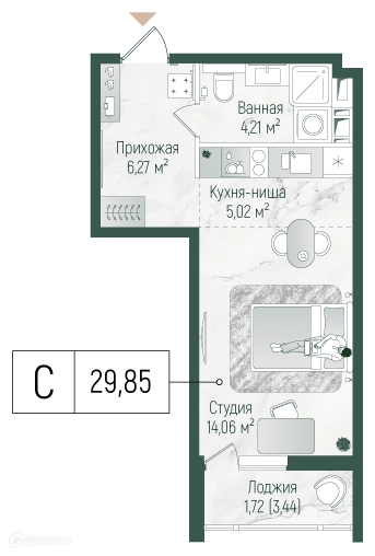 Студия 31.28 м² Рига Хиллс