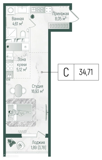 Студия 36.6 м² Рига Хиллс