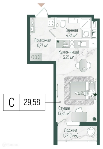 Студия 31.3 м² Рига Хиллс