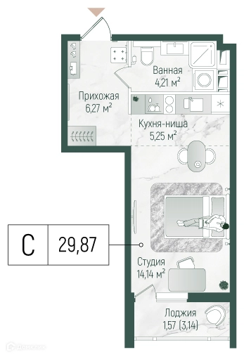 Студия 31.44 м² Рига Хиллс