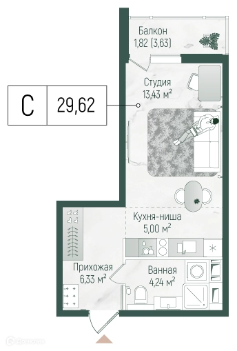 Студия 31.44 м² Рига Хиллс