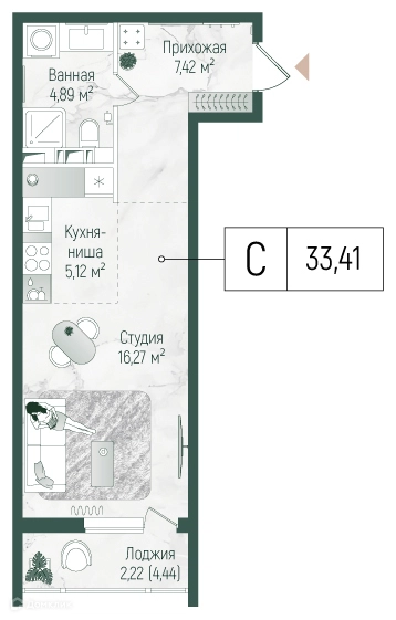 Студия 35.63 м² Рига Хиллс