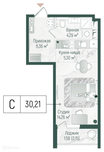 Студия 31.79 м² Рига Хиллс