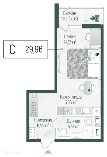 Студия 31.78 м² Рига Хиллс