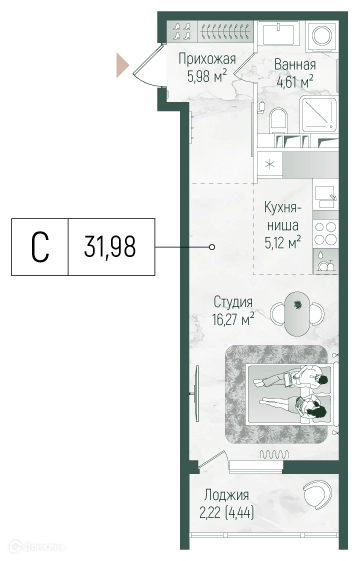 Студия 34.2 м² Рига Хиллс