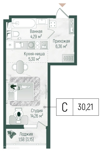 Студия 31.79 м² Рига Хиллс