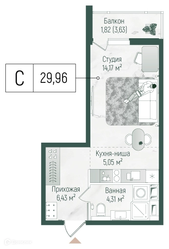 Студия 31.78 м² Рига Хиллс