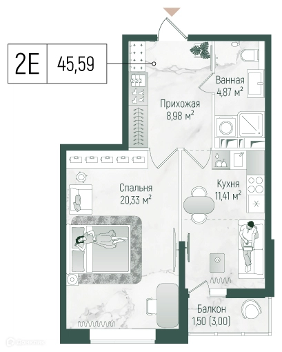 1-комнатная квартира 47.09 м² Рига Хиллс