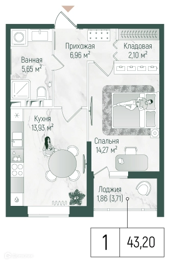 1-комнатная квартира 44.77 м² Рига Хиллс
