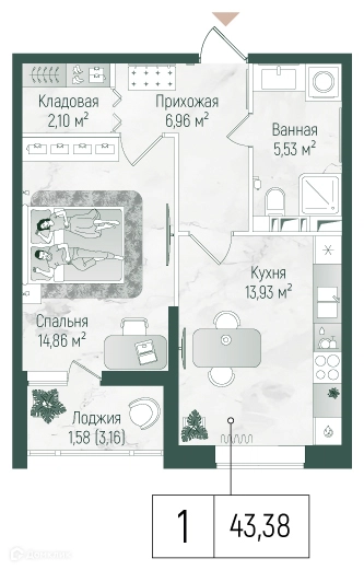 1-комнатная квартира 44.96 м² Рига Хиллс
