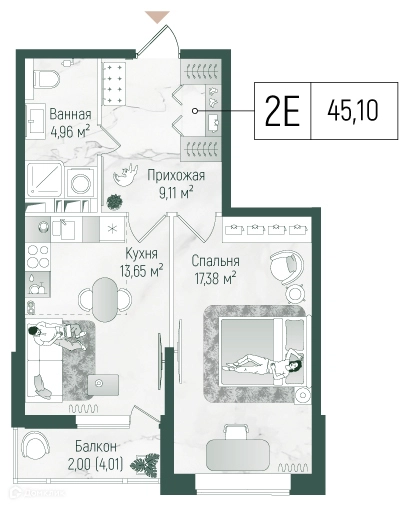 1-комнатная квартира 47.11 м² Рига Хиллс