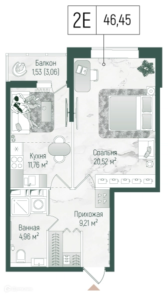 1-комнатная квартира 47.98 м² Рига Хиллс