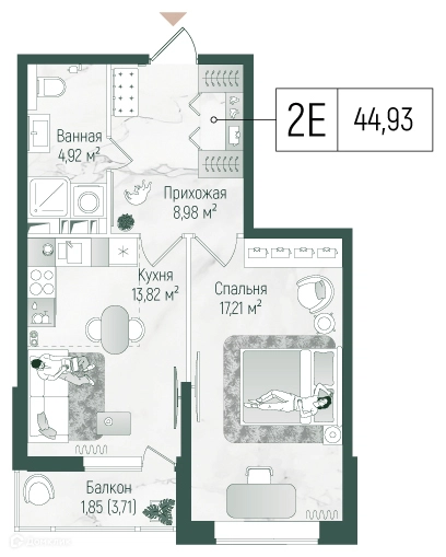 1-комнатная квартира 46.79 м² Рига Хиллс