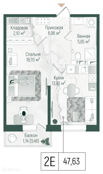 1-комнатная квартира 49.08 м² Рига Хиллс