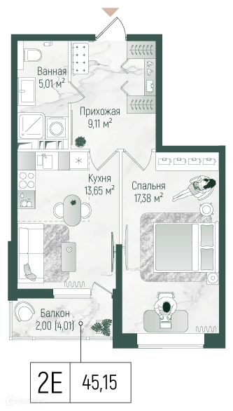 1-комнатная квартира 47.16 м² Рига Хиллс