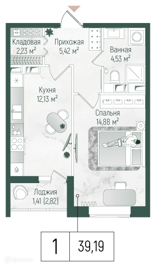 1-комнатная квартира 40.6 м² Рига Хиллс