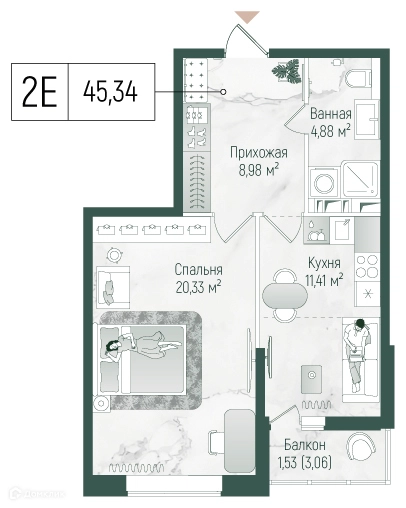 1-комнатная квартира 47.12 м² Рига Хиллс