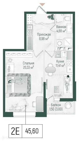 1-комнатная квартира 47.1 м² Рига Хиллс