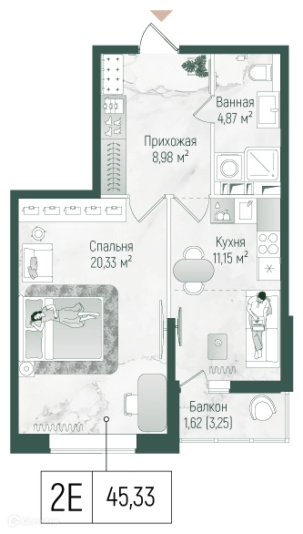 1-комнатная квартира 46.96 м² Рига Хиллс