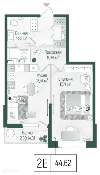 1-комнатная квартира 46.63 м² Рига Хиллс