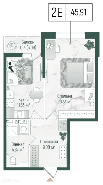 1-комнатная квартира 47.44 м² Рига Хиллс