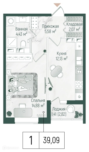 1-комнатная квартира 40.5 м² Рига Хиллс