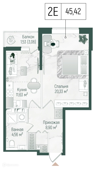 1-комнатная квартира 46.95 м² Рига Хиллс