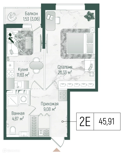 1-комнатная квартира 47.44 м² Рига Хиллс